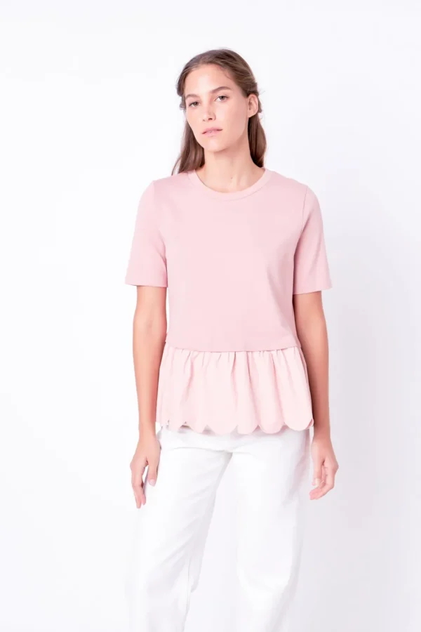 ENGLISH FACTORY Tops*- Mixed Media Scallop Detail T-shirt