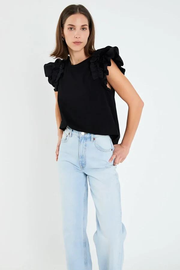 ENGLISH FACTORY Tops*- Mixed Media Ruffle Detail T-shirt