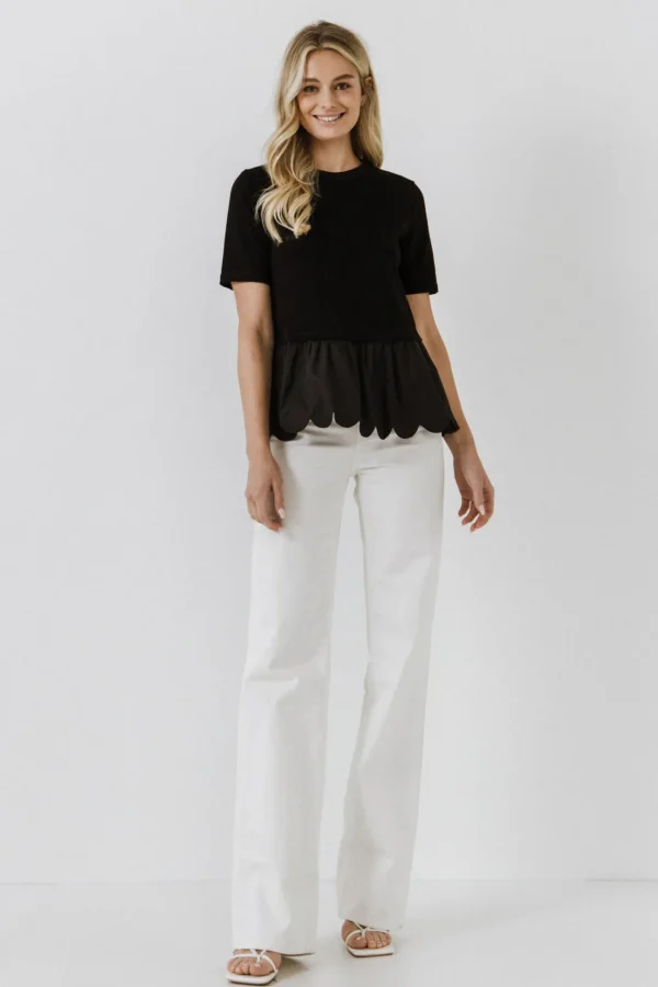 ENGLISH FACTORY Tops*- Mixed Media Scallop Detail T-shirt