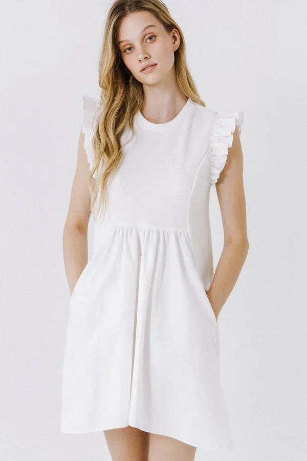 ENGLISH FACTORY White Dresses | Tops*- Mixed Media Ruffle Sleeve Mini Dress
