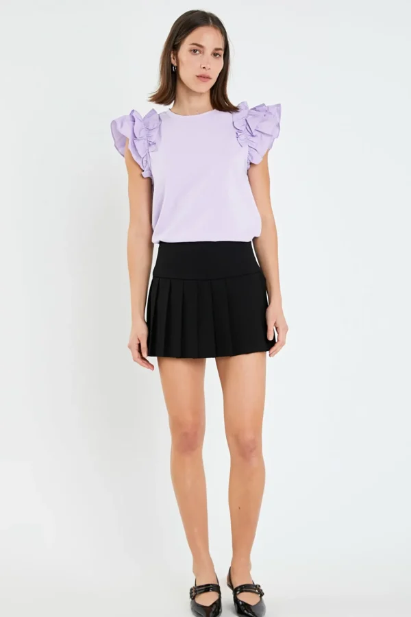 ENGLISH FACTORY Tops*- Mixed Media Ruffle Detail T-shirt