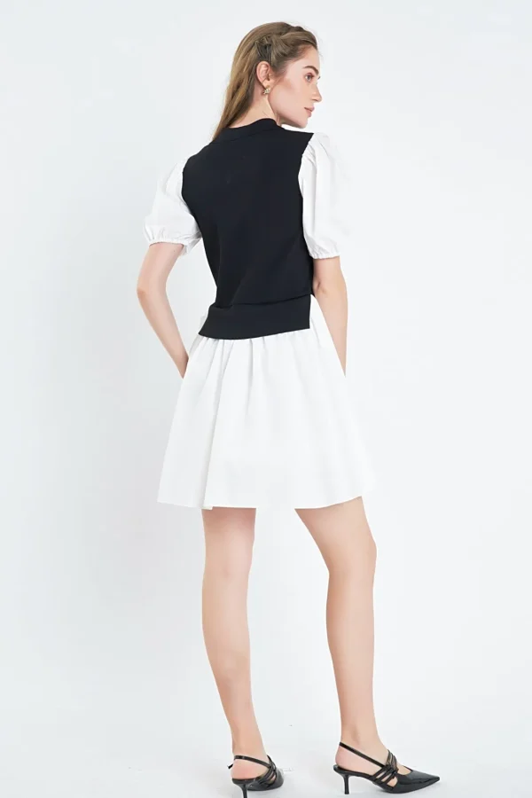 ENGLISH FACTORY Tops*- Mixed Media Collared Mini Dress BLACK/IVORY