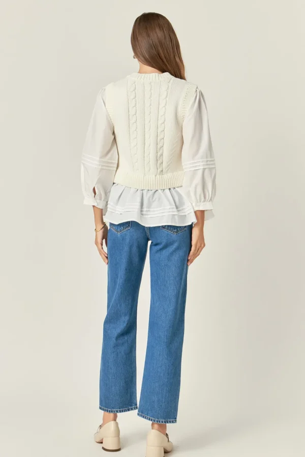 ENGLISH FACTORY Tops*- Mixed Media Cable Top OFFWHITE