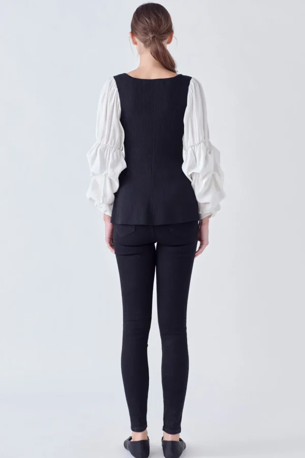 ENGLISH FACTORY Tops*- Mixed Media Ribbed Top BLACK/WHITE