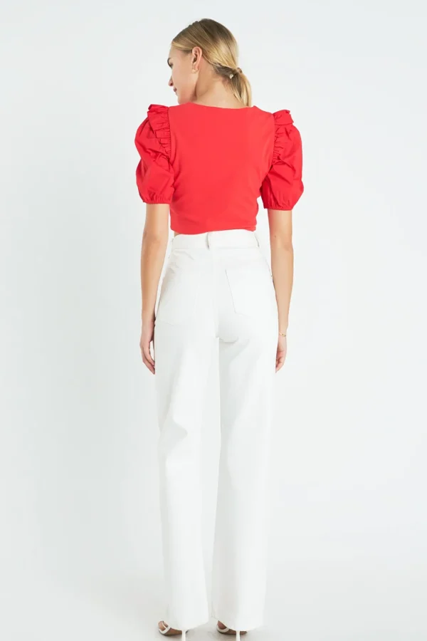 ENGLISH FACTORY Tops*- Mixed Media Puff Sleeve Knit Top
