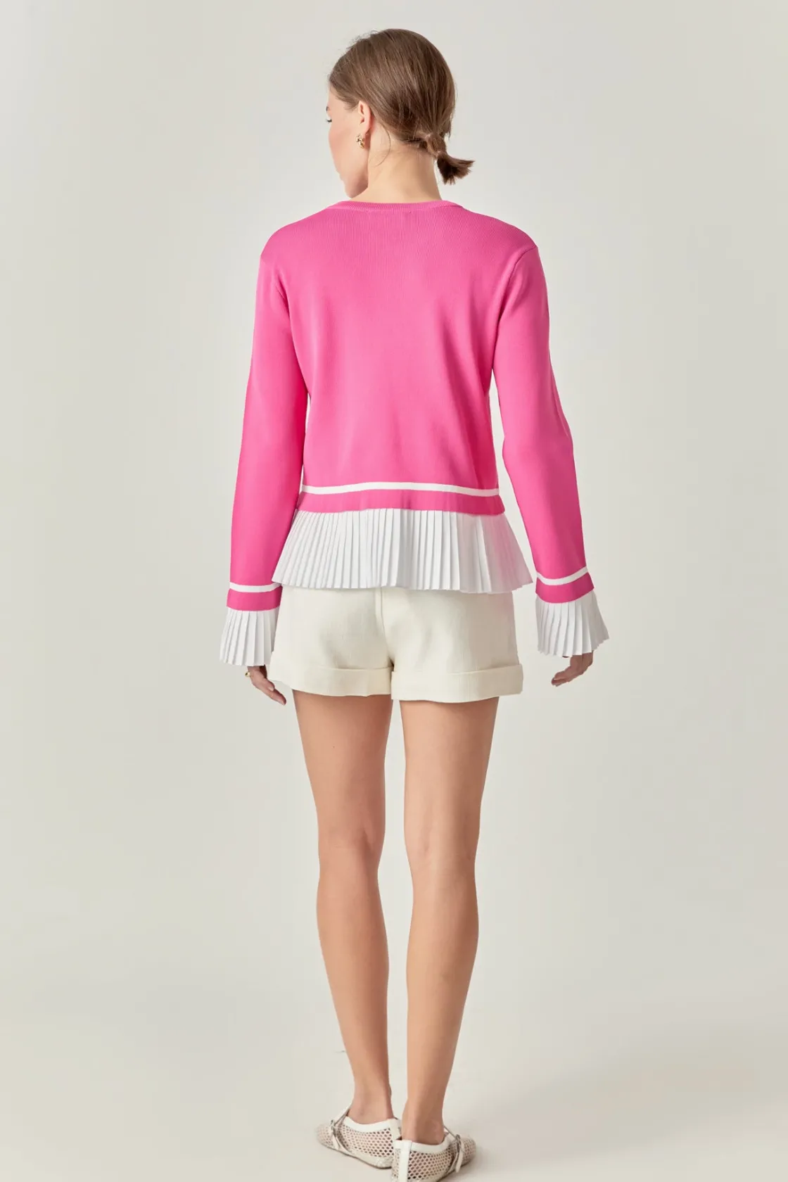 english_factory__mixed_me_2-22.webp ENGLISH FACTORY Tops*- Mixed Media Pleated Knit Top PINK/WHITE
