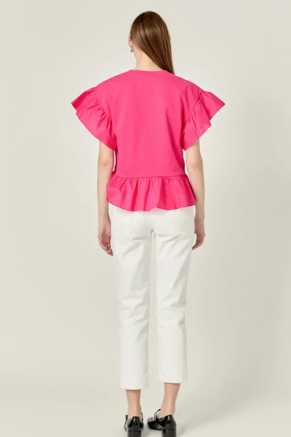 ENGLISH FACTORY Tops*- Mixed Media Knit Top in Fuchsia