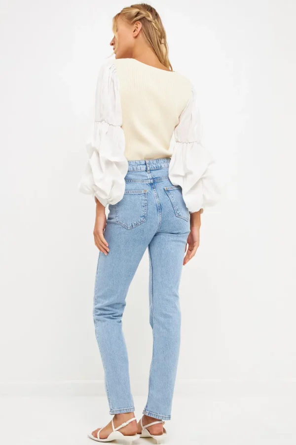 ENGLISH FACTORY Sweaters & Knits | Tops*- Mixed Media Square Neckline Knit Top BEIGE/WHITE