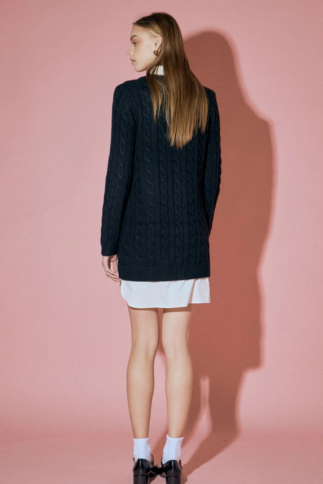 english_factory__mixed_me_2-28.webp ENGLISH FACTORY Sweaters & Knits | Tops*- Mixed Media Cable Knit V-Neck Drop Sweater Dress