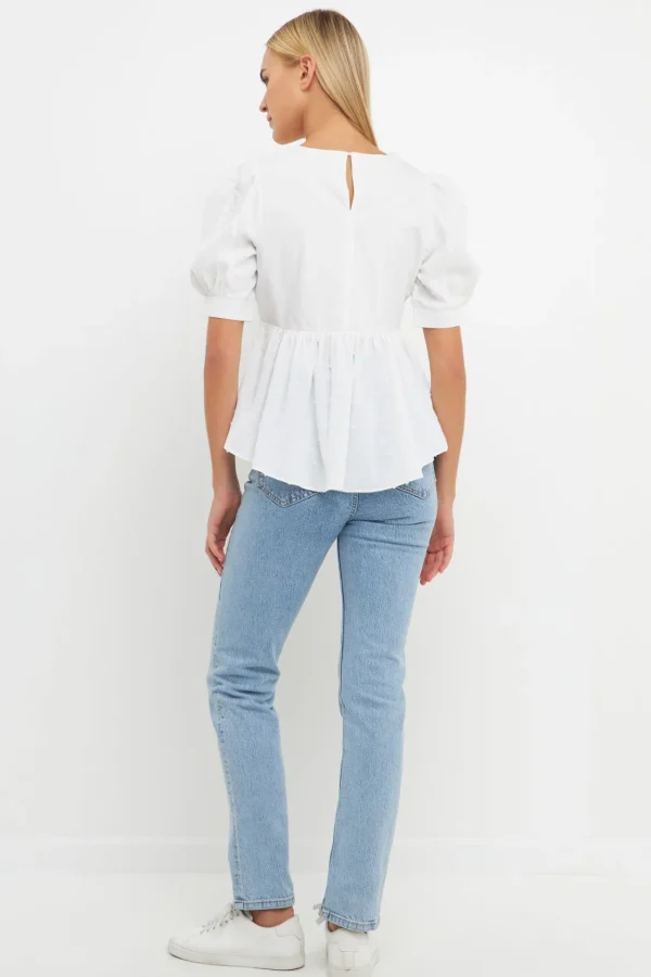 ENGLISH FACTORY Tops*- Mixed Media Swiss Dot High Low Top WHITE