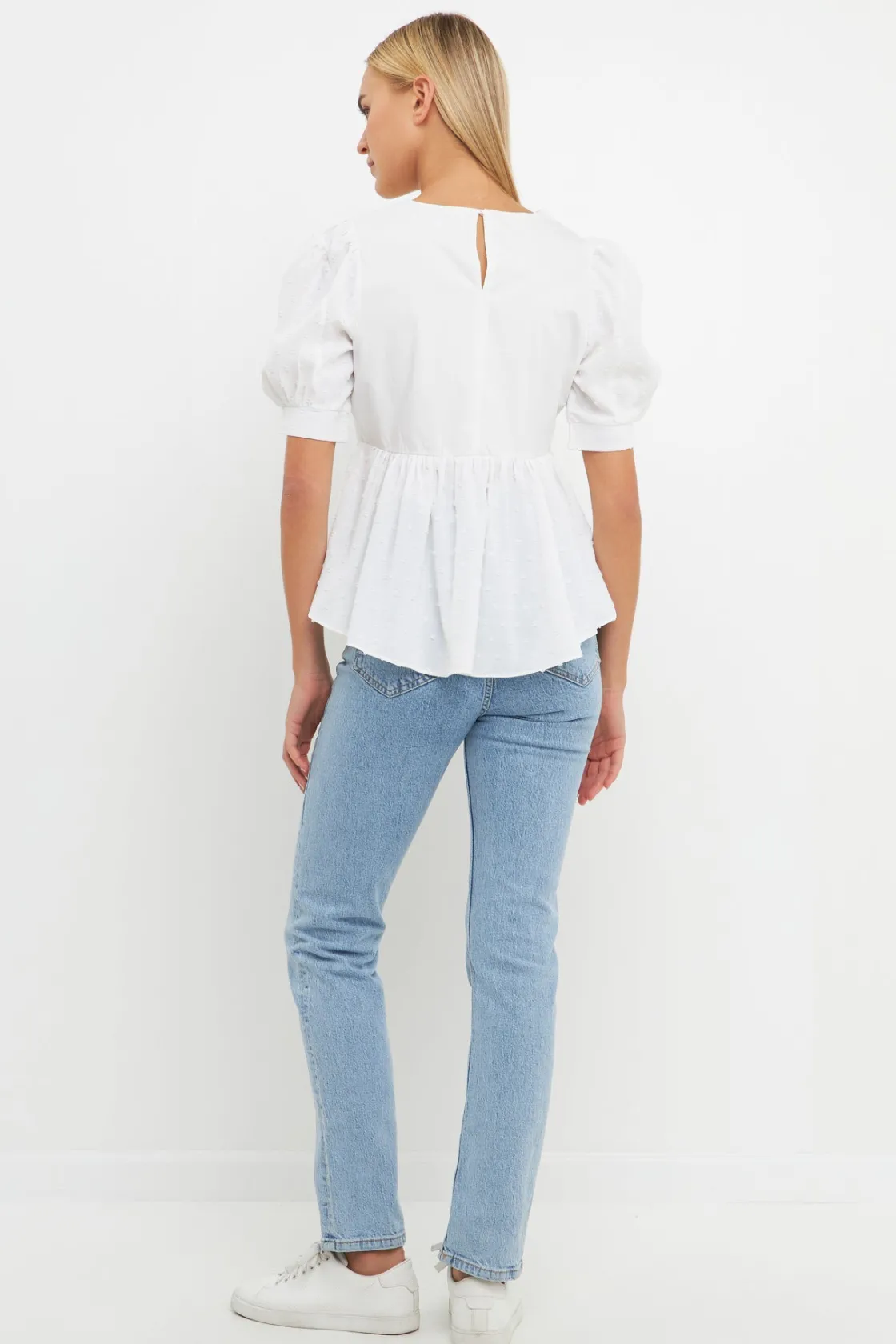 english_factory__mixed_me_2-3.webp ENGLISH FACTORY Tops*- Mixed Media Swiss Dot High Low Top WHITE