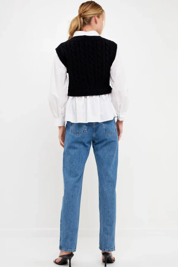 ENGLISH FACTORY Sweaters & Knits | Vest*- Mixed Media Sweater Vest Top BLACK/WHITE