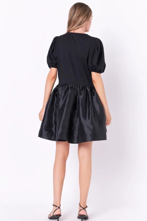 ENGLISH FACTORY Puff Sleeve | Tops*- Mixed Media Organza Mini Dress BLACK