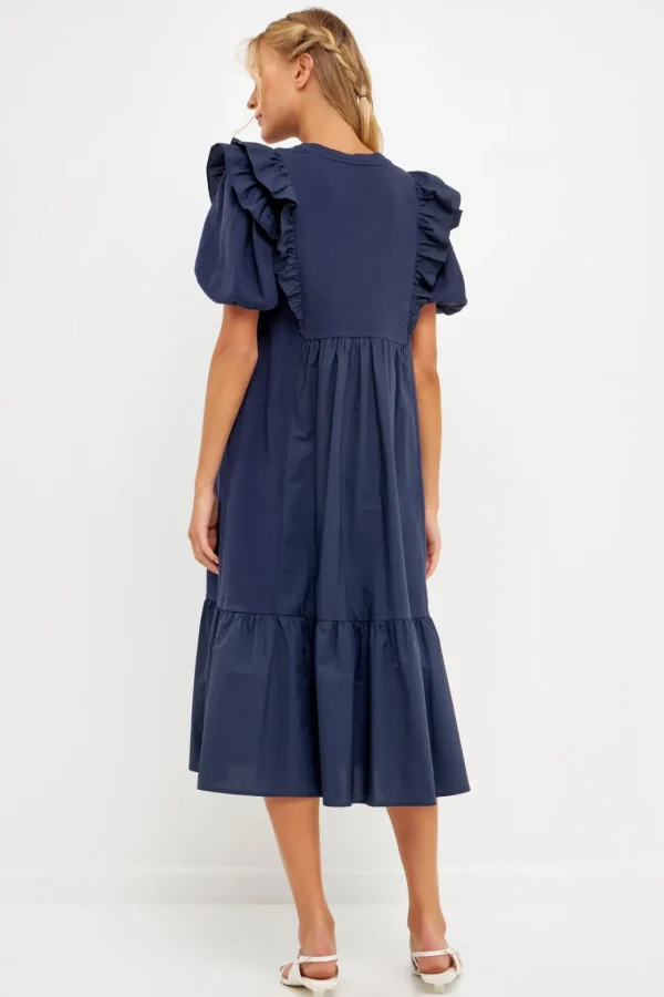 ENGLISH FACTORY Puff Sleeve*- Mixed Media Midi Dress NAVY