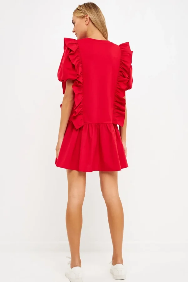 ENGLISH FACTORY Puff Sleeve | Tops*- Mixed Media Ruffle Detail Mini Dress