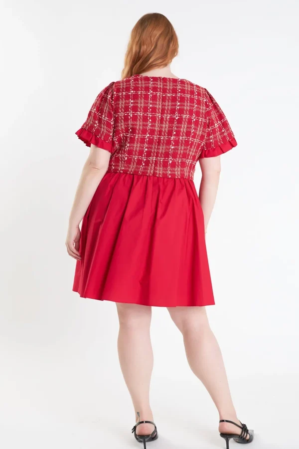 ENGLISH FACTORY Tweed Dresses | Tops*- Mixed Media Tweed Poplin Mini Dress RED