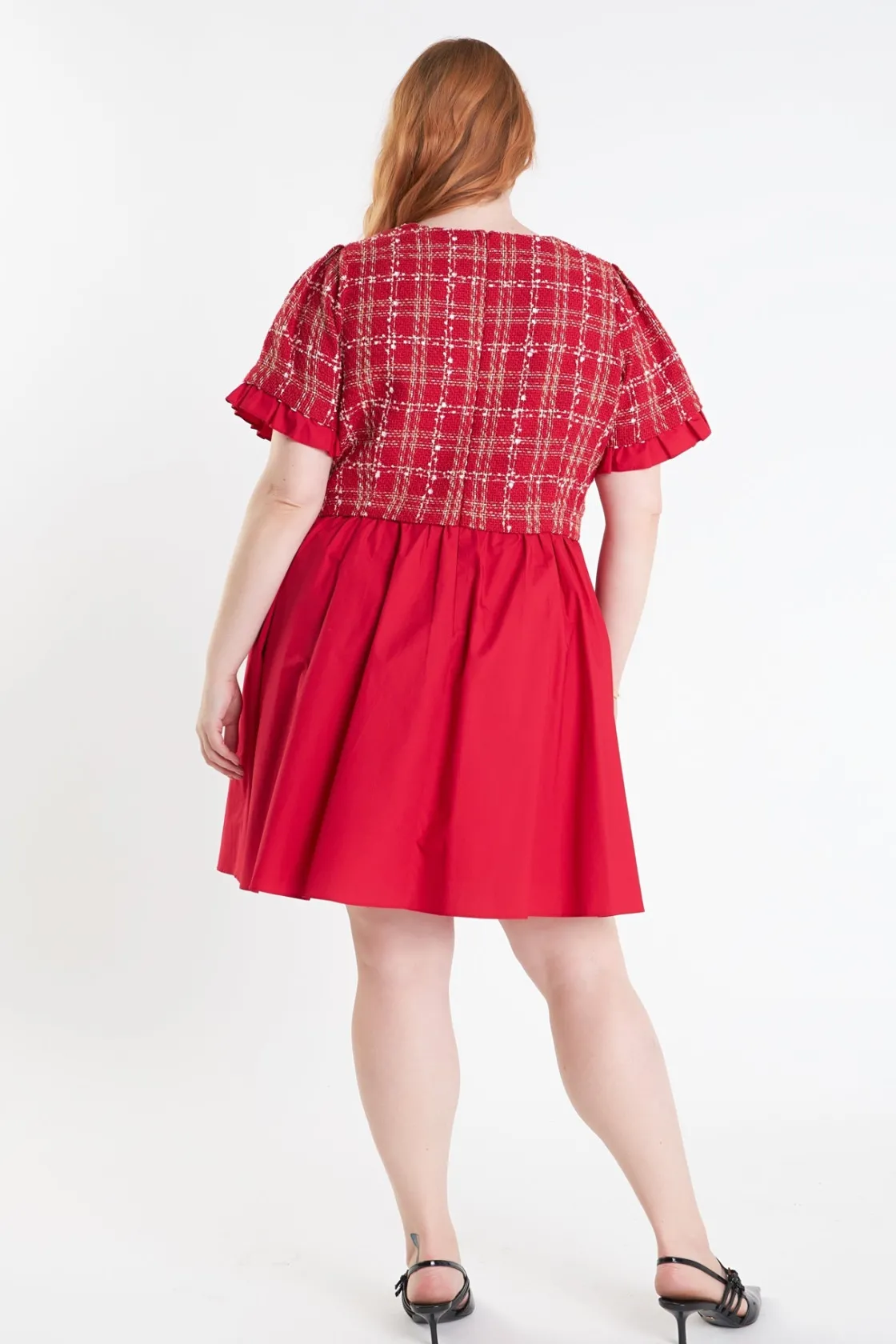 english_factory__mixed_me_2-41.webp ENGLISH FACTORY Tweed Dresses | Tops*- Mixed Media Tweed Poplin Mini Dress RED
