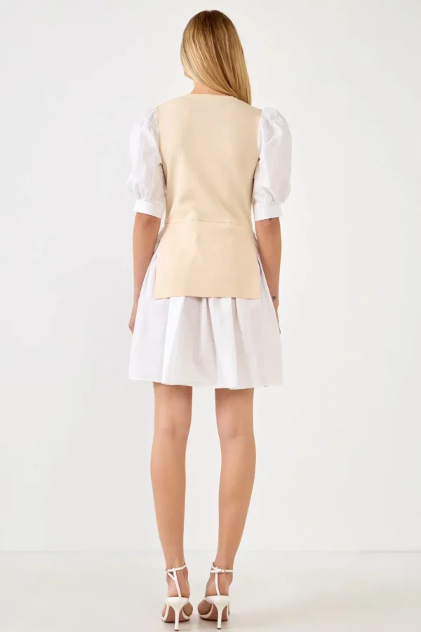 ENGLISH FACTORY White Dresses | Puff Sleeve*- Mixed Media Puff Sleeve Mini Dress