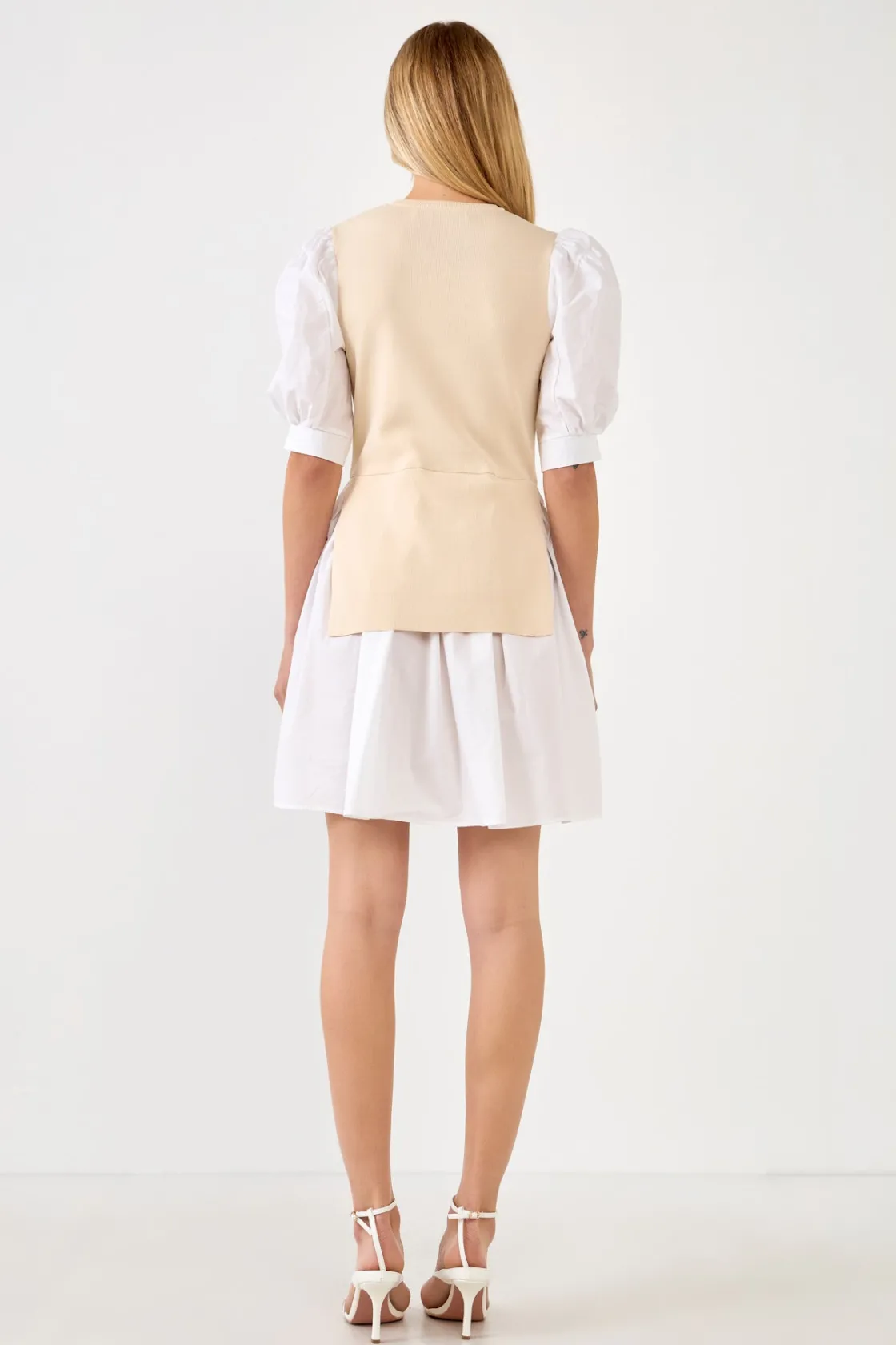 english_factory__mixed_me_2-45.webp ENGLISH FACTORY White Dresses | Puff Sleeve*- Mixed Media Puff Sleeve Mini Dress