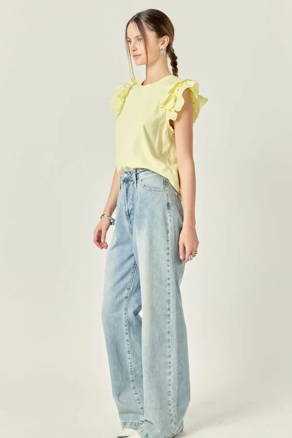 ENGLISH FACTORY Tops*- Mixed Media Ruffle Detail T-shirt