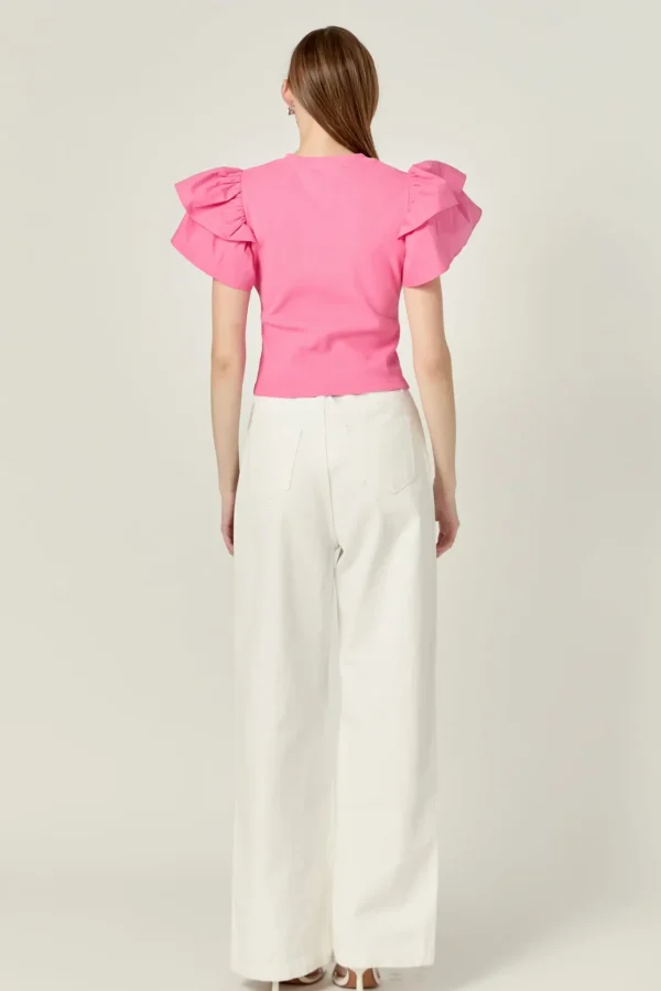 ENGLISH FACTORY Tops*- Mixed Media Ruffled Knit Top