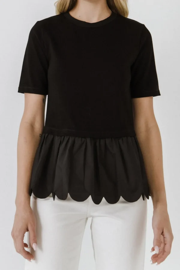 ENGLISH FACTORY Tops*- Mixed Media Scallop Detail T-shirt