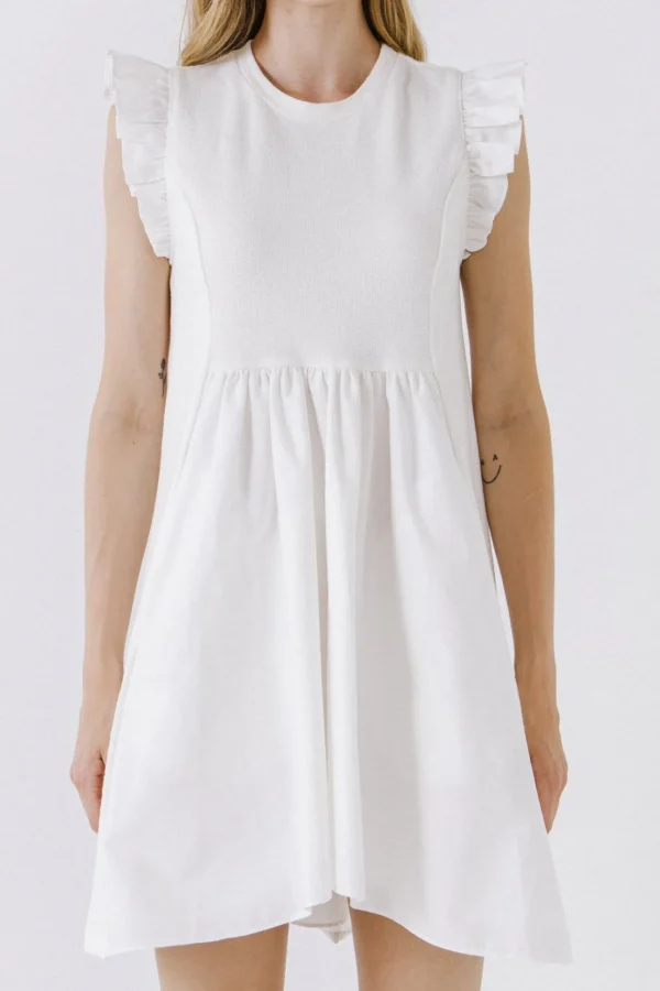 ENGLISH FACTORY White Dresses | Tops*- Mixed Media Ruffle Sleeve Mini Dress