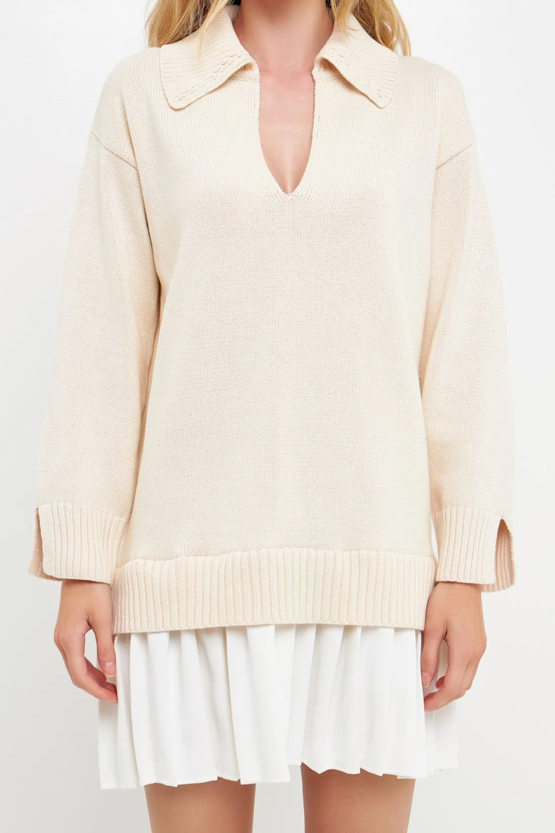 english_factory__mixed_me_20-6.webp ENGLISH FACTORY Knit Dresses | Sweaters & Knits*- Mixed Media Pleated Mini Dress