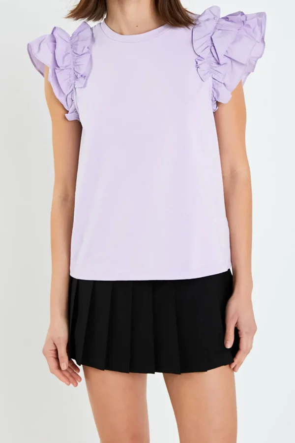 ENGLISH FACTORY Tops*- Mixed Media Ruffle Detail T-shirt