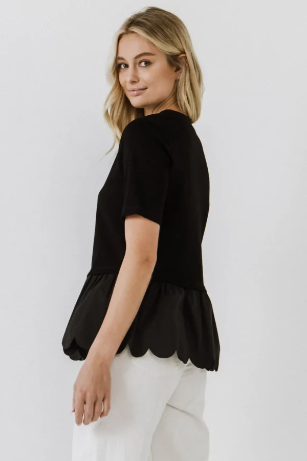 ENGLISH FACTORY Tops*- Mixed Media Scallop Detail T-shirt