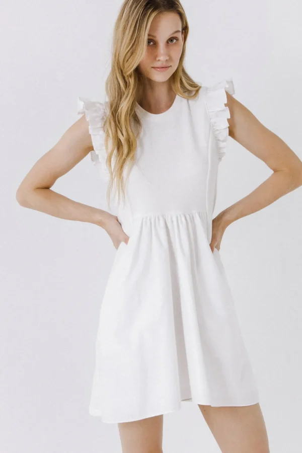 ENGLISH FACTORY White Dresses | Tops*- Mixed Media Ruffle Sleeve Mini Dress