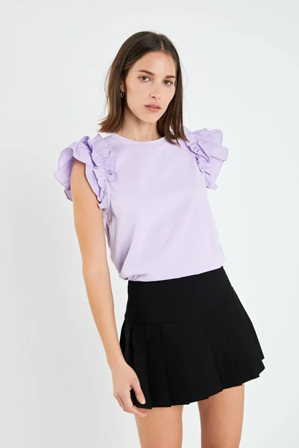 ENGLISH FACTORY Tops*- Mixed Media Ruffle Detail T-shirt