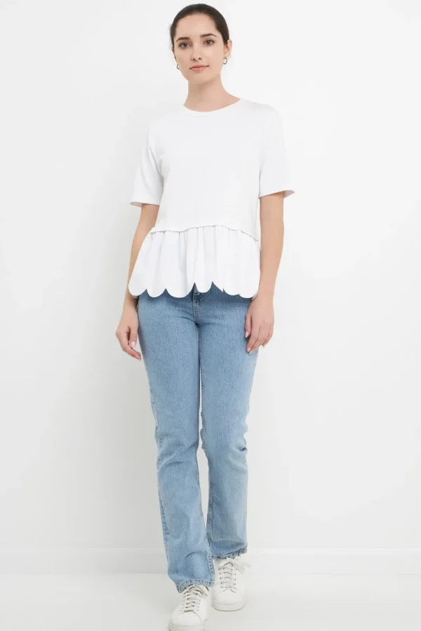 ENGLISH FACTORY Tops*- Mixed Media Scallop Detail T-shirt