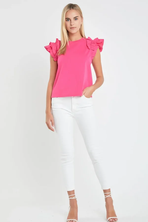 ENGLISH FACTORY Tops*- Mixed Media Ruffle Detail T-shirt
