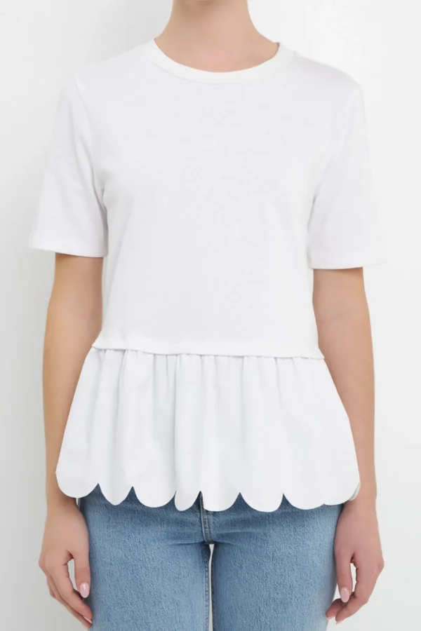 ENGLISH FACTORY Tops*- Mixed Media Scallop Detail T-shirt