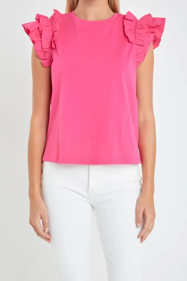 ENGLISH FACTORY Tops*- Mixed Media Ruffle Detail T-shirt