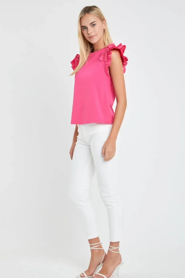 ENGLISH FACTORY Tops*- Mixed Media Ruffle Detail T-shirt