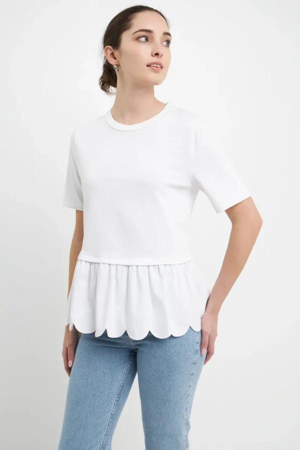 ENGLISH FACTORY Tops*- Mixed Media Scallop Detail T-shirt