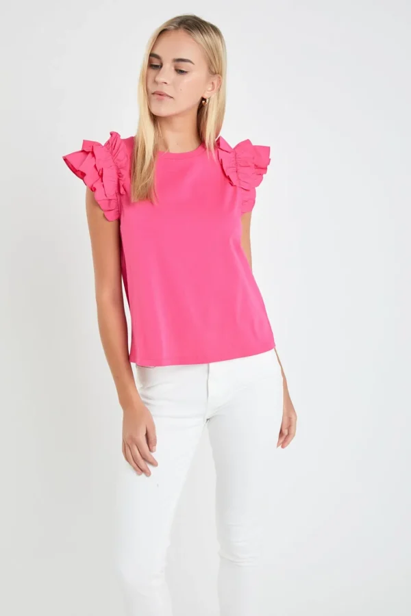 ENGLISH FACTORY Tops*- Mixed Media Ruffle Detail T-shirt