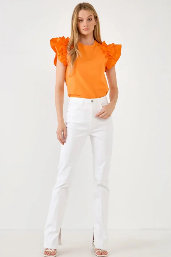 ENGLISH FACTORY Tops*- Mixed Media Ruffle Detail T-shirt