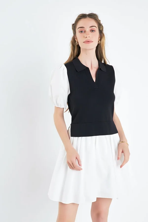 ENGLISH FACTORY Tops*- Mixed Media Collared Mini Dress BLACK/IVORY