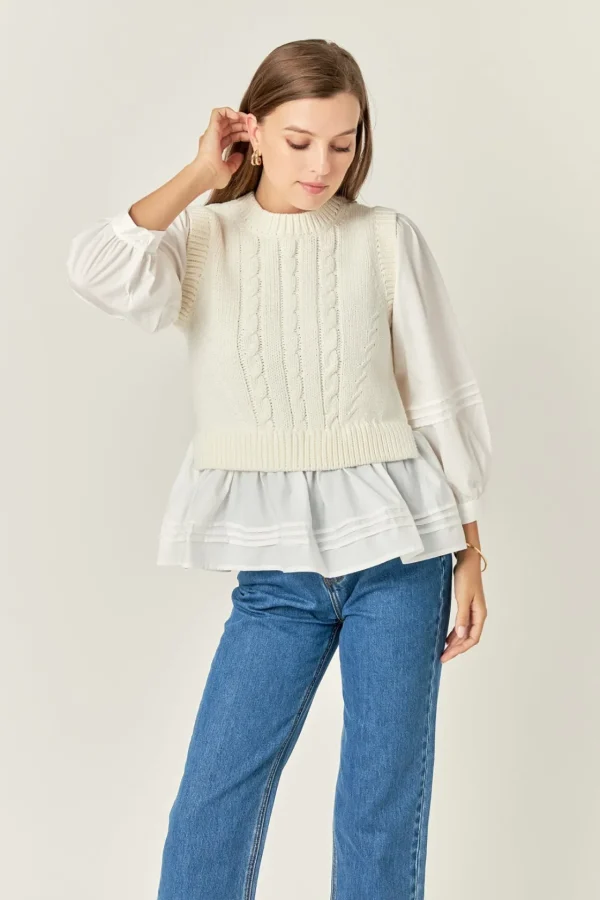 ENGLISH FACTORY Tops*- Mixed Media Cable Top OFFWHITE