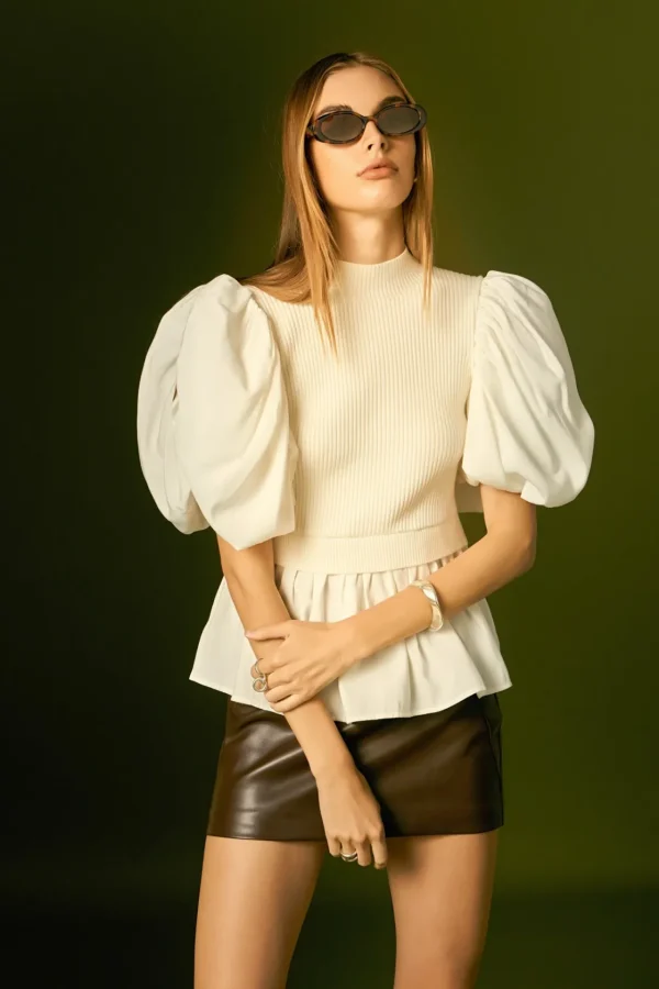 ENGLISH FACTORY Tops*- Mixed Media Knit Top IVORY