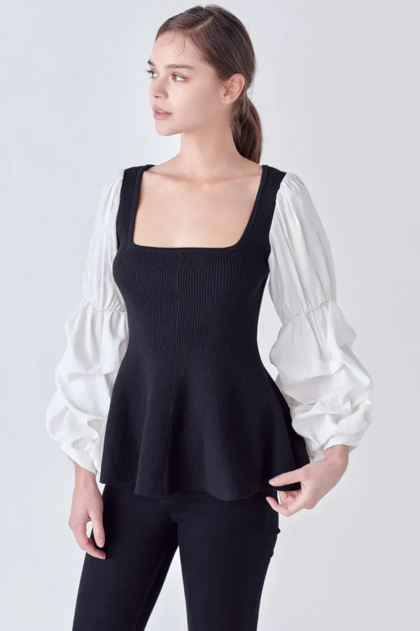 ENGLISH FACTORY Tops*- Mixed Media Ribbed Top BLACK/WHITE