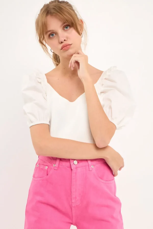 ENGLISH FACTORY Tops*- Mixed Media Puff Sleeve Crop Top OFFWHITE
