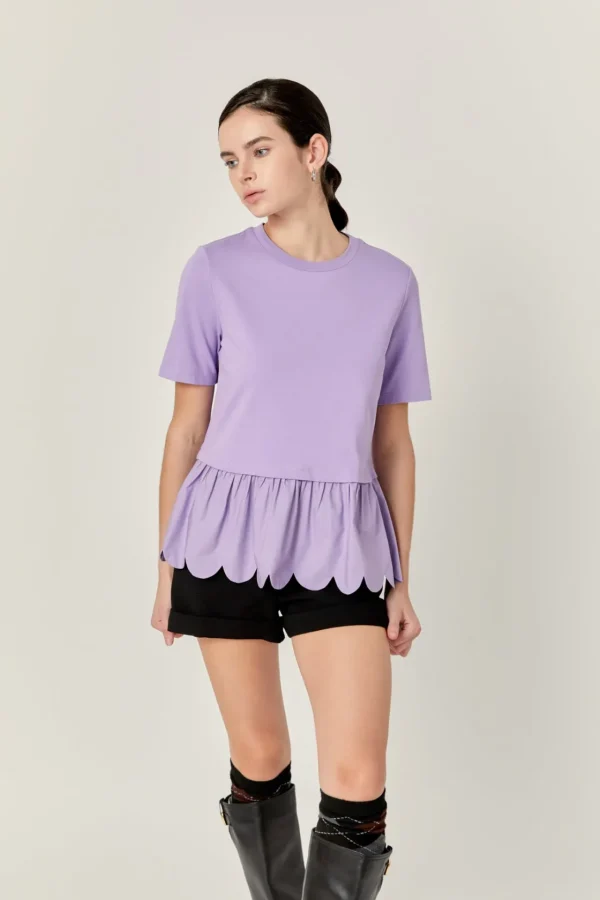 ENGLISH FACTORY Tops*- Mixed Media Scallop Detail T-shirt