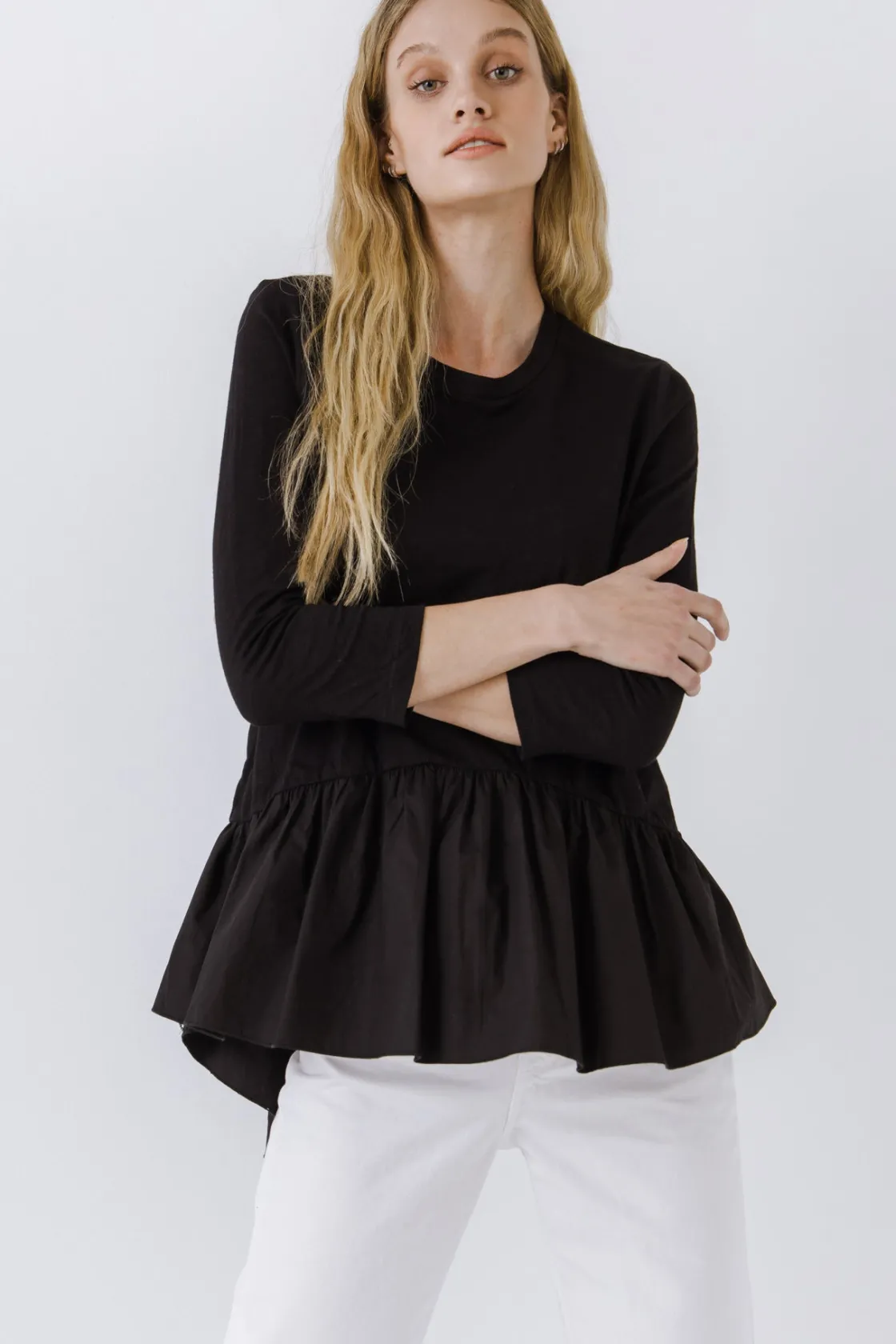 english_factory__mixed_me_3-18.webp ENGLISH FACTORY Tops*- Mixed Media High and Low Top BLACK