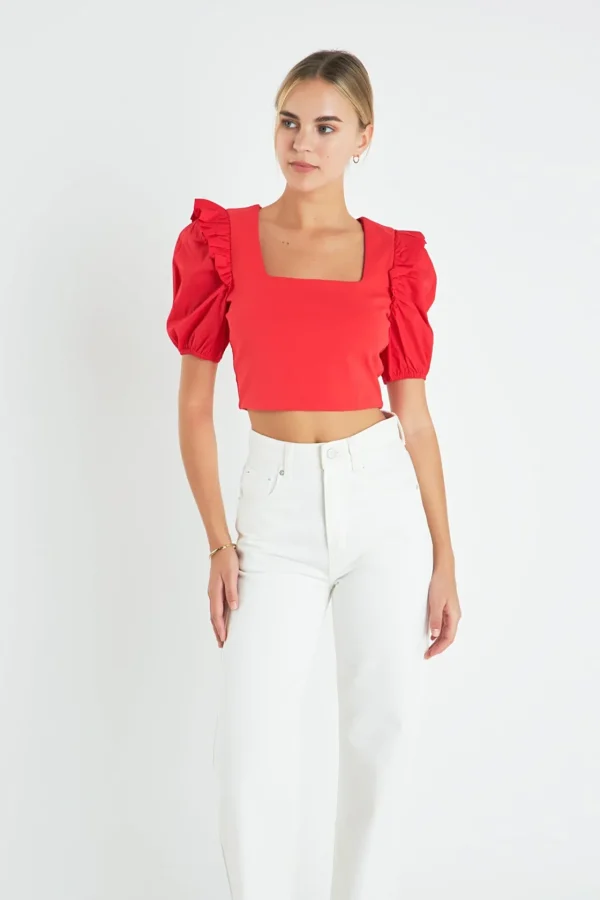ENGLISH FACTORY Tops*- Mixed Media Puff Sleeve Knit Top