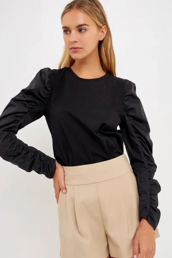 ENGLISH FACTORY Tops*- Mixed Media Shirring Sleeve Top BLACK