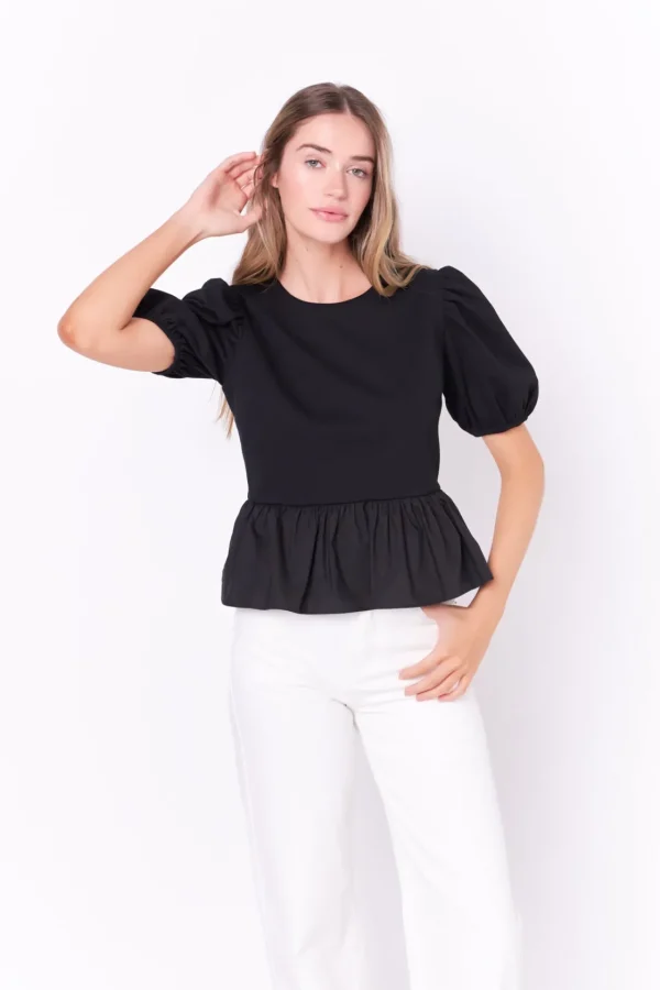 ENGLISH FACTORY Tops*- Mixed Media Bubble Top